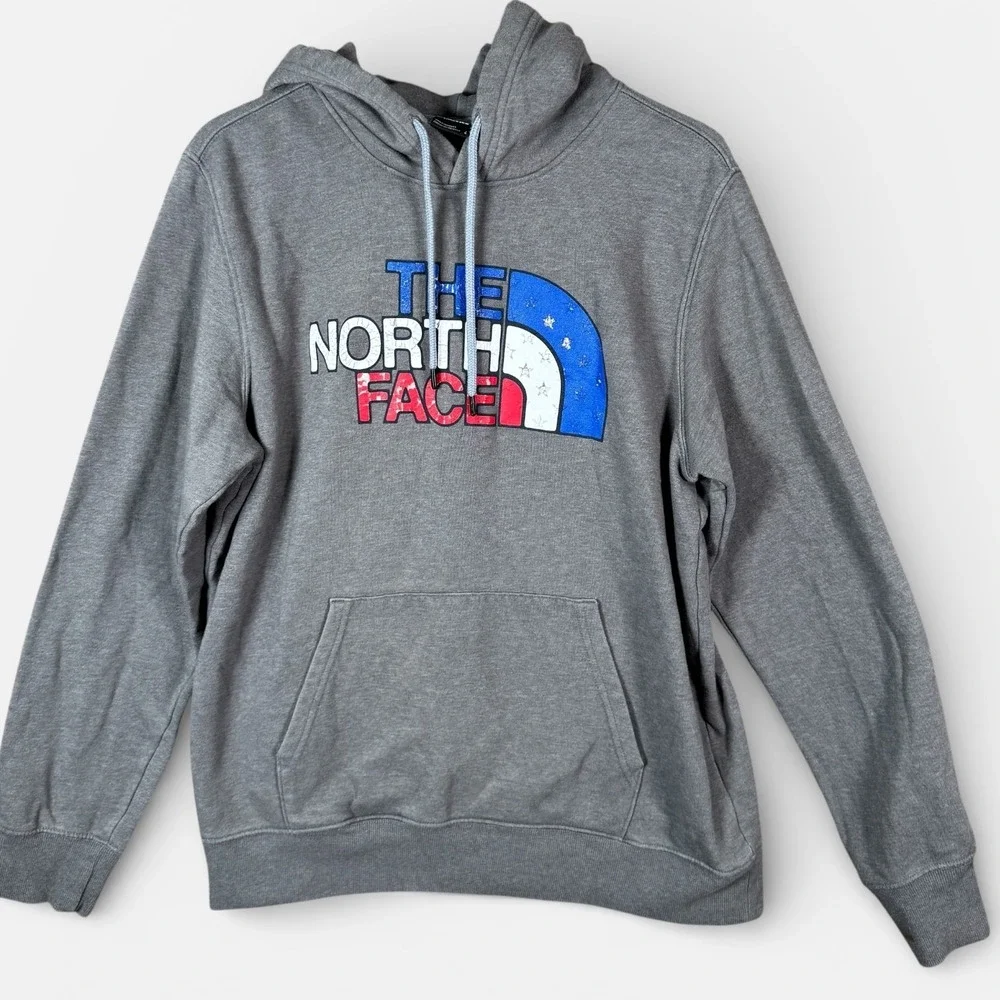The North Face Hoodie Mens Large‎ Gray Patriotic Logo Pullover Kangaroo Pocket